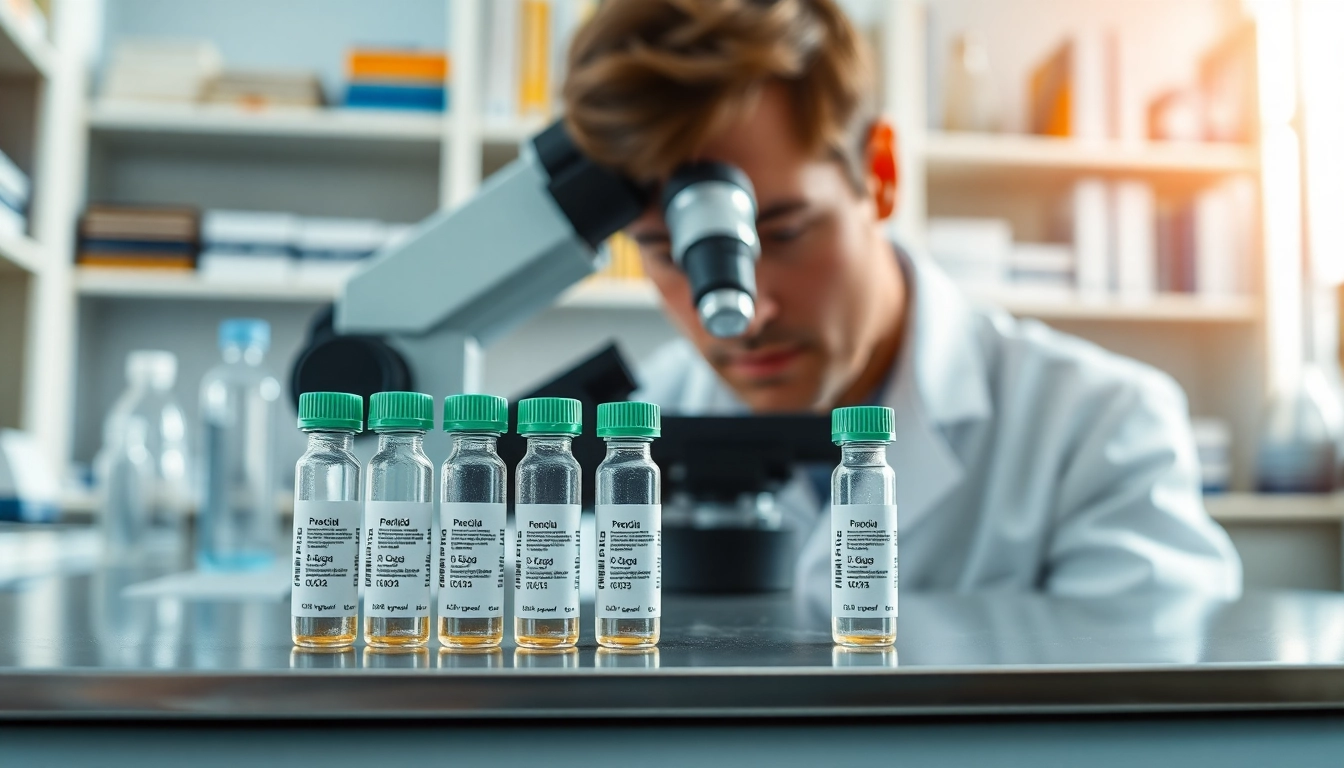 Researcher examining Peptides UK in a professional laboratory setting with vibrant lighting.