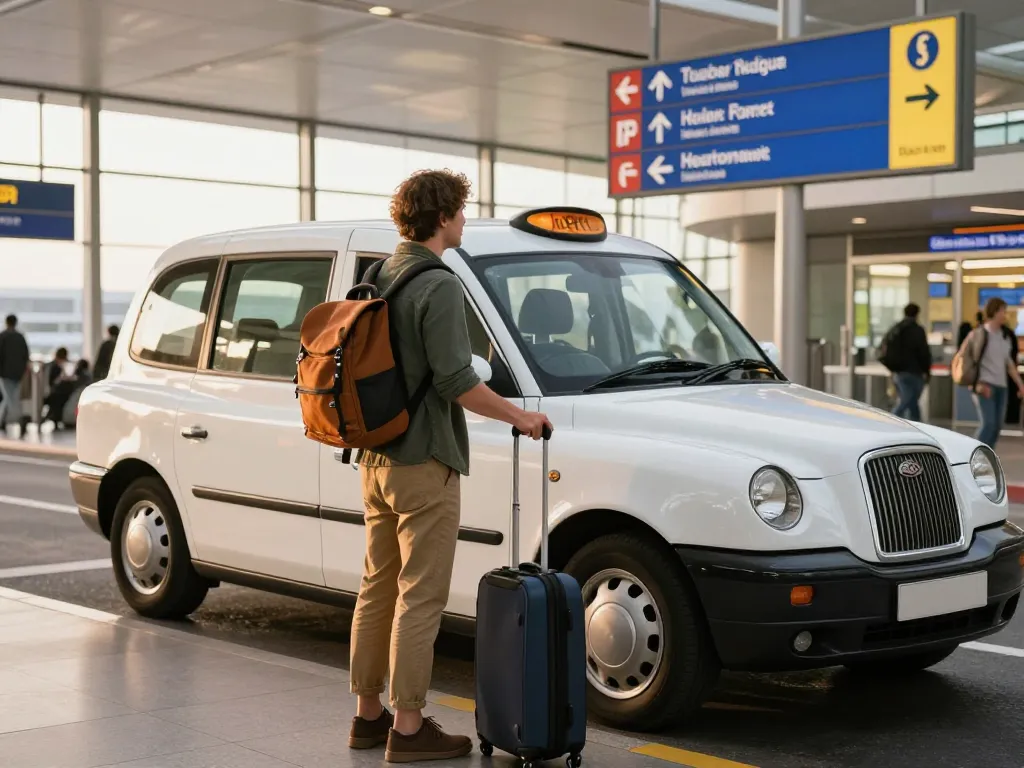 Taxi to Heathrow airport with a traveler checking in at the airport terminal during golden hour.