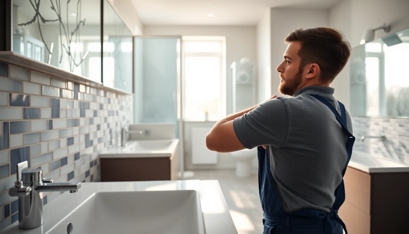 Skilled bathroom fitter Manchester expertly installing fixtures in a modern bathroom.