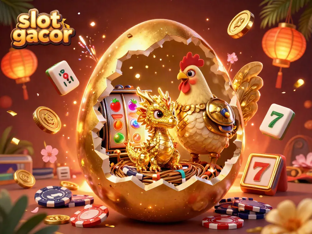 Experience the thrill of slot gacor with a golden dragon amidst vibrant slot game elements and festive decorations.
