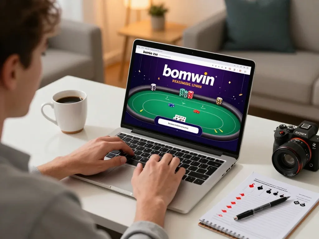 Player enjoying bomwin poker game on laptop in cozy home setting, emphasizing online gambling experience.