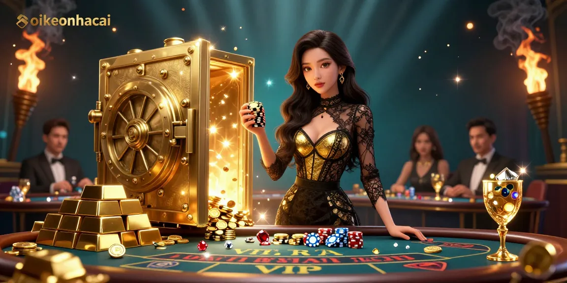 Soi kèo nhà cái featuring vibrant casino elements, an Asian woman with casino chips in an exclusive baccarat environment.