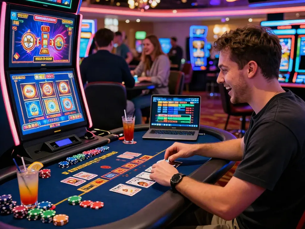 Player at a vibrant non-GamStop casino immersed in gaming, showcasing casinos not on GamStop.