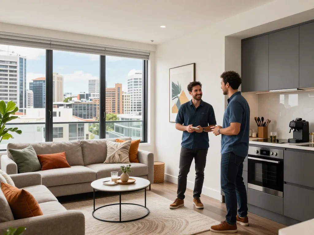 Airbnb management Sydney: Stylish urban apartment showcasing cozy living space and welcoming host.