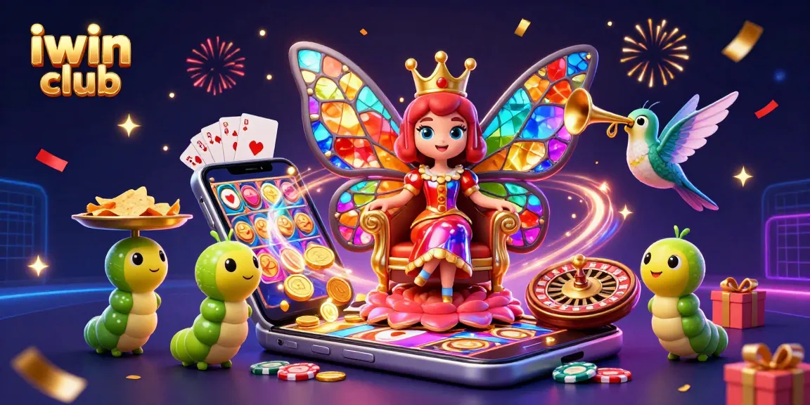 Spin and win at iwin club with a vibrant 3D casino scene showcasing colorful games and lively characters.
