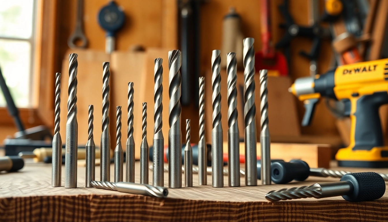 DeWalt drill bits showcased on a carpentry workbench, emphasizing precision and quality.