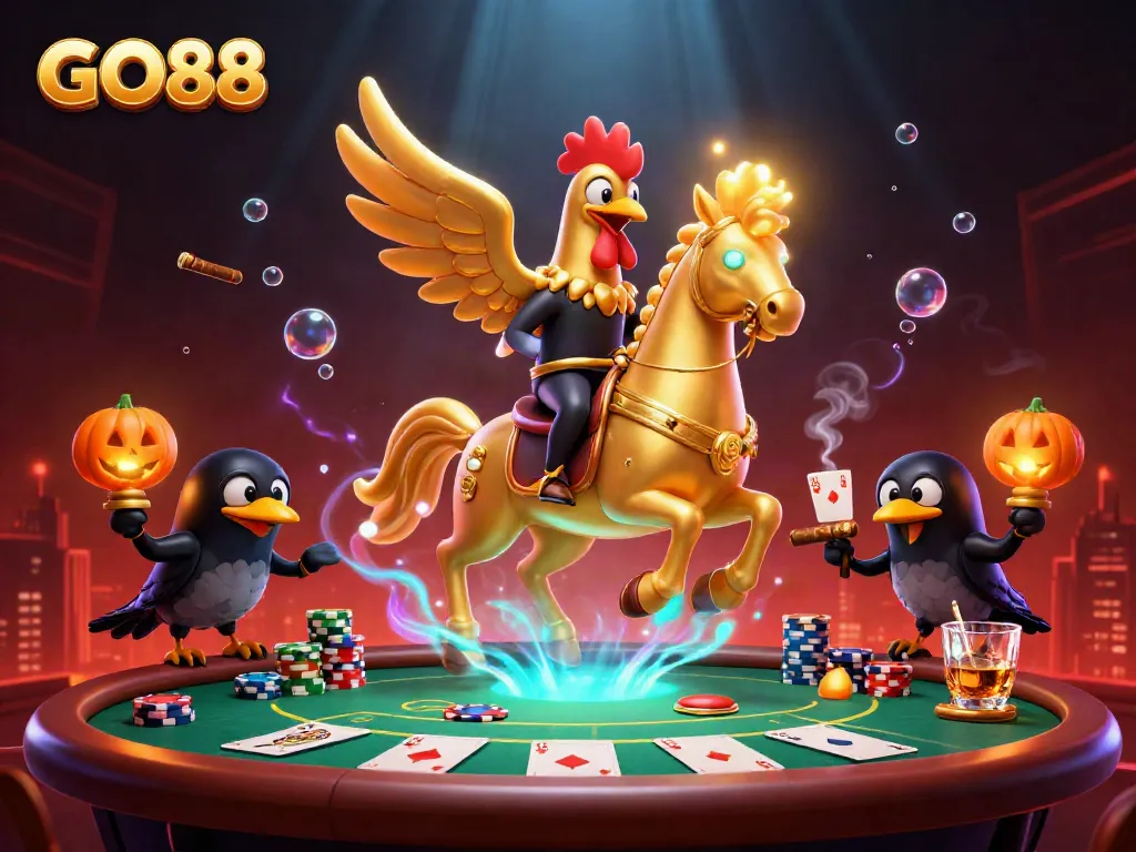 GO88 features a golden rooster riding through a glow-filled casino, showcasing dynamic poker action and festive elements.