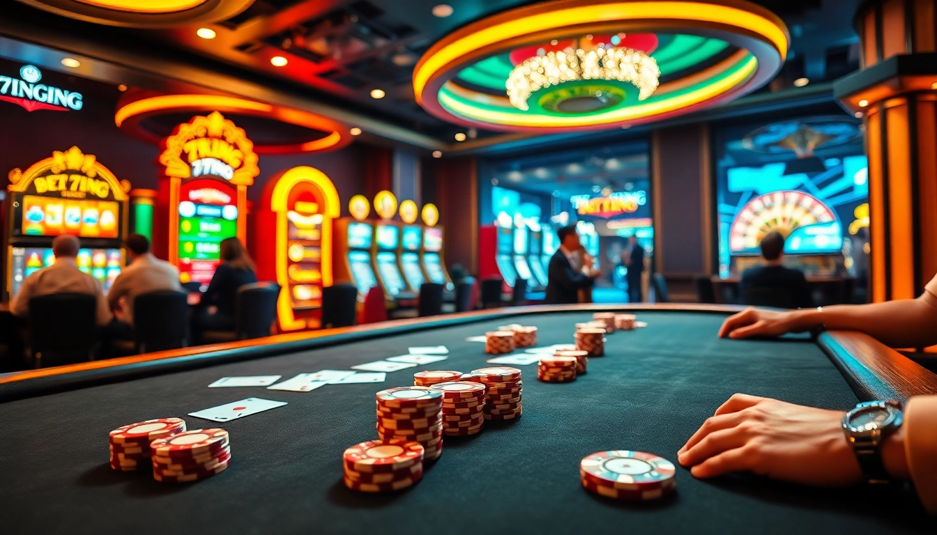 Engaging scene of 79king casino poker action with vibrant slot machines and roulette excitement.