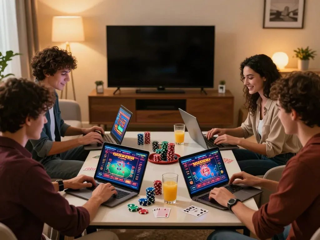 Engaging scene of friends enjoying casinos not on gamstop during a virtual gaming night at home.