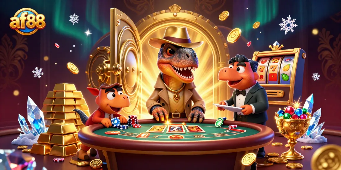 Experience excitement at af88 with a cartoon velociraptor counter sneaking chips in a vibrant casino scene