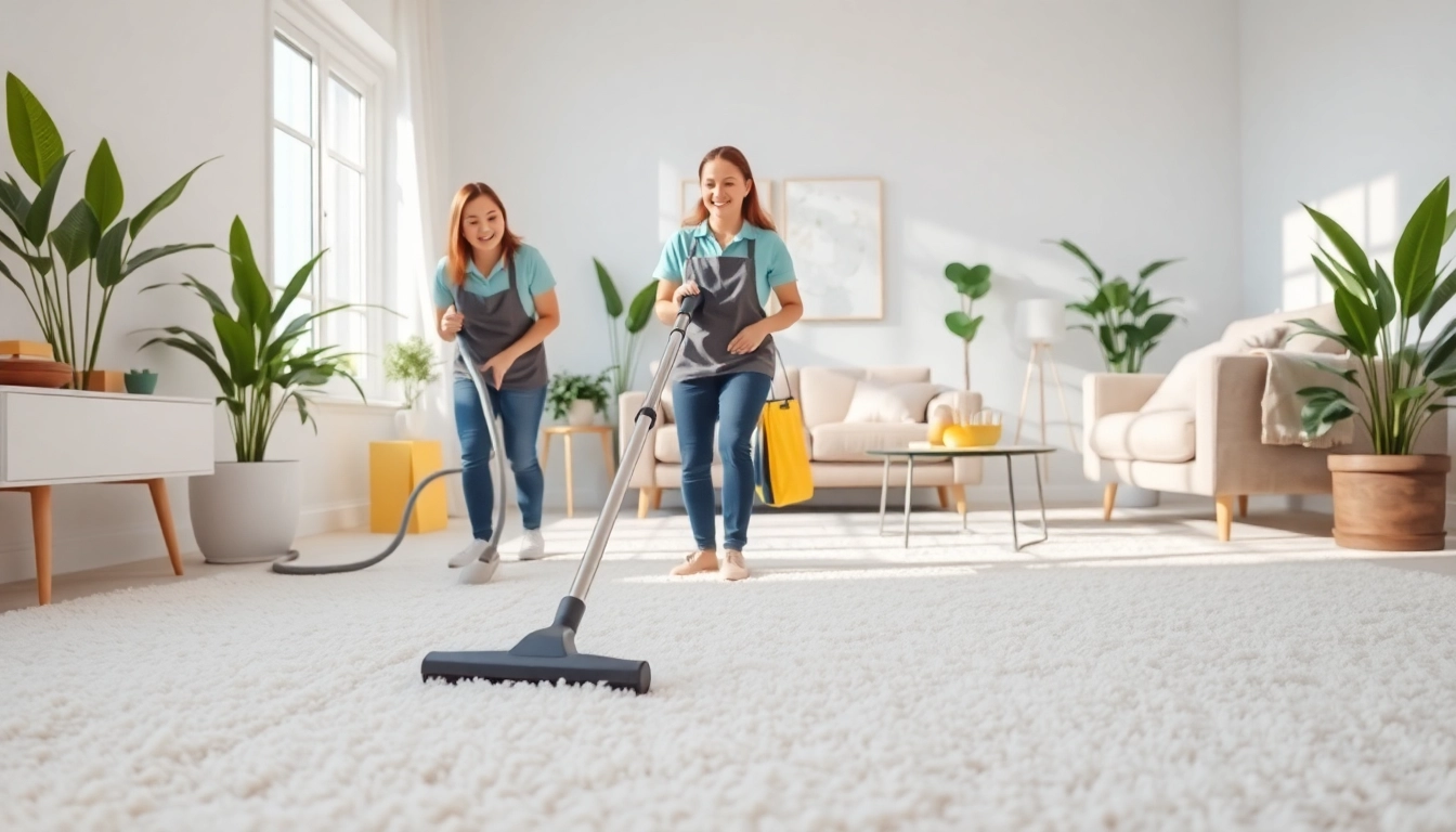 Cleaning services near me showcasing a cheerful crew efficiently cleaning a bright, modern home.