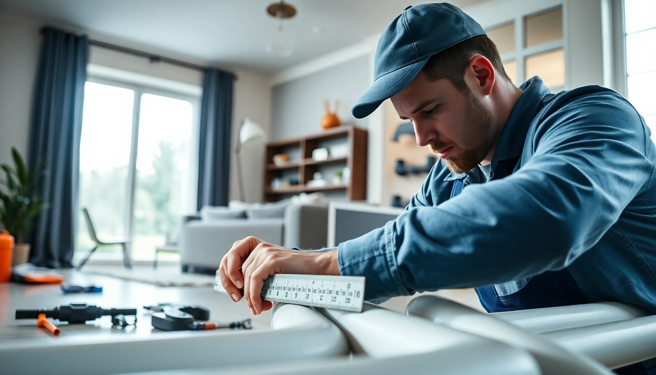 Whole house repiping services Tampa demonstrated by a plumber measuring pipes in a modern home setting.