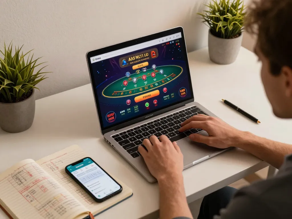 Player enjoying online casino gaming with hitclub app on laptop, surrounded by strategy notes.