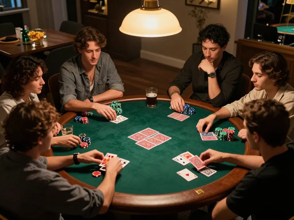 Playing poker with friends during cozy home night while tải hitclub promotes fun social gambling.