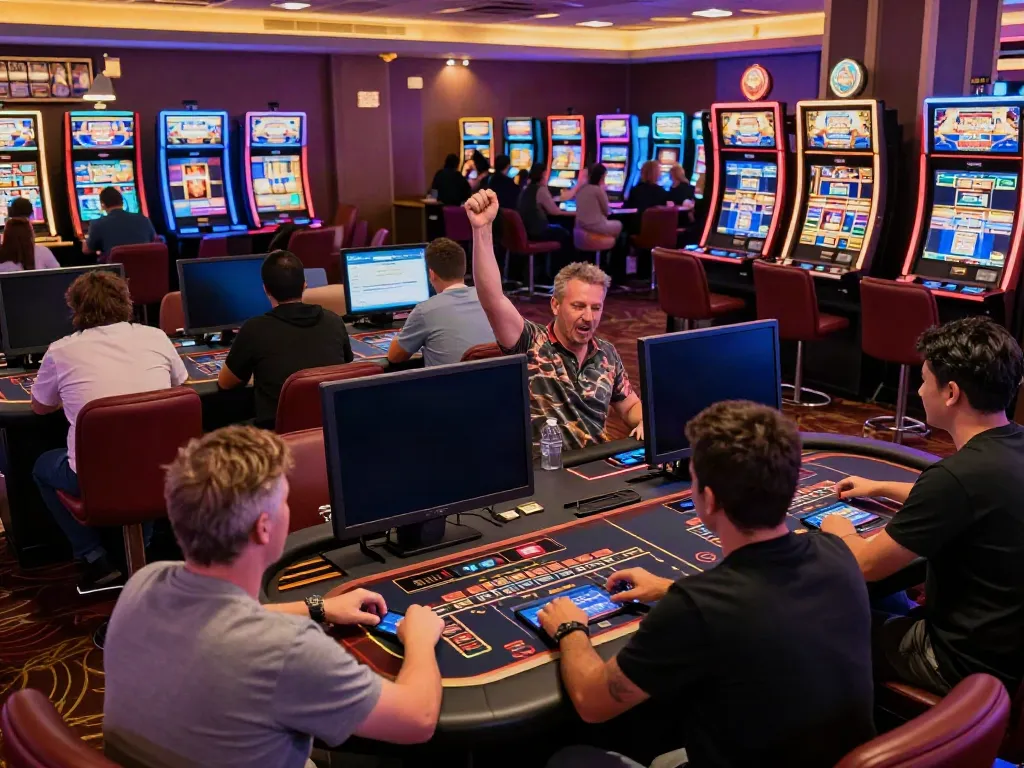 Exciting scene at casinos not on gamstop with diverse players enjoying games and celebrating wins.