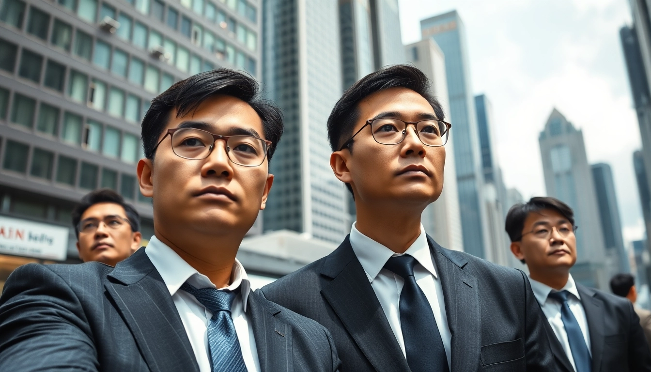 Close protection Hong Kong showcasing a professional security team amidst a vibrant urban setting.