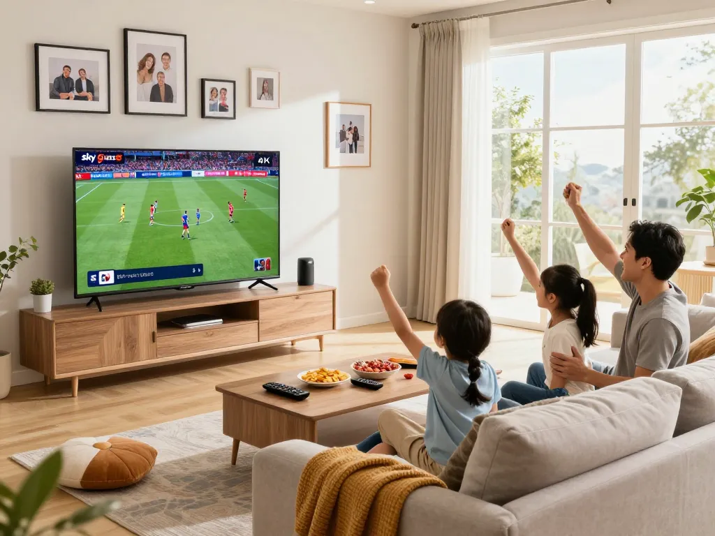 Family enjoying Sky Glass IPTV on a large 4K television in a bright living room.