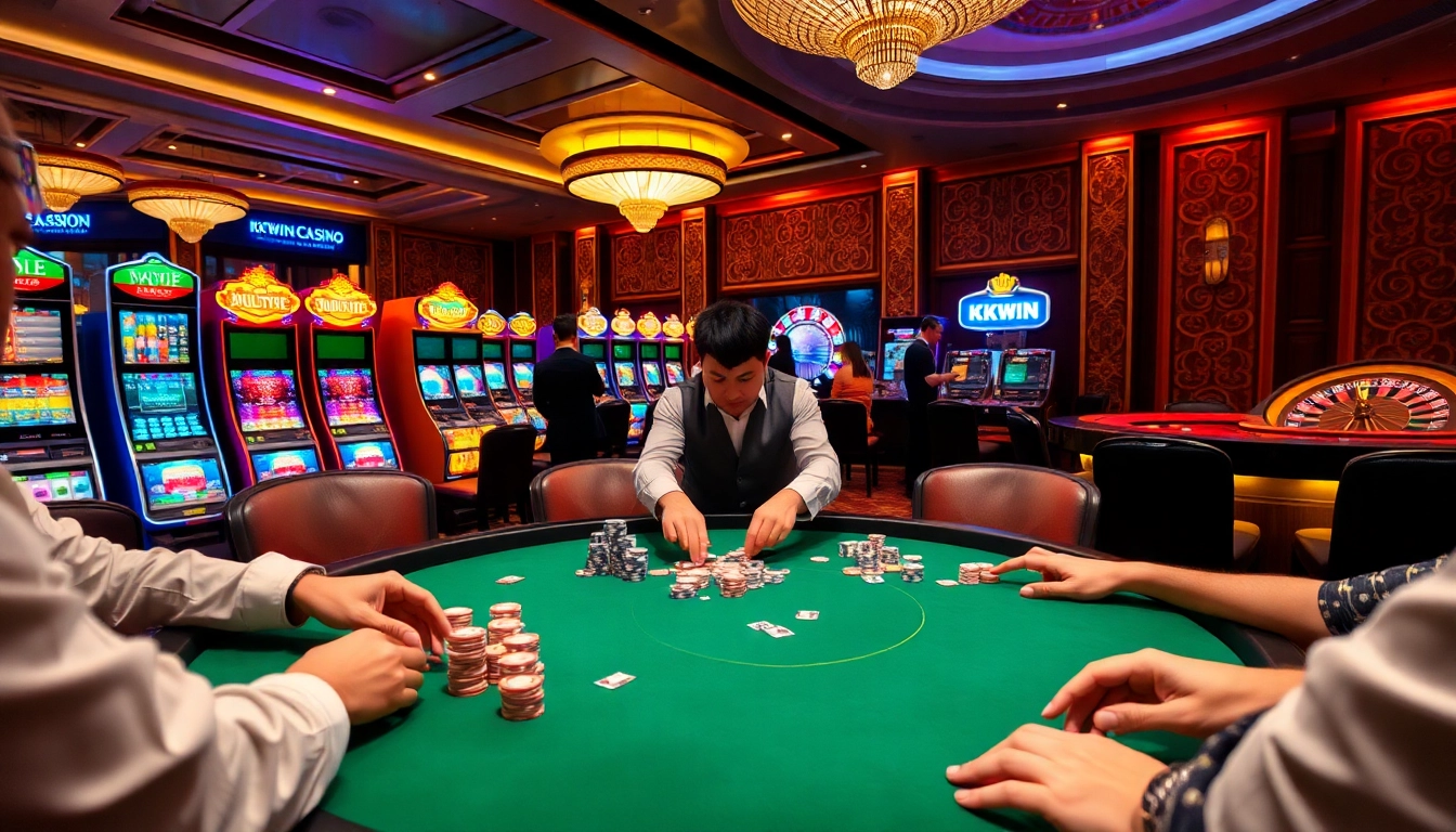 Players enjoying a game at KKWIN CASINO with vibrant poker chips and cards.
