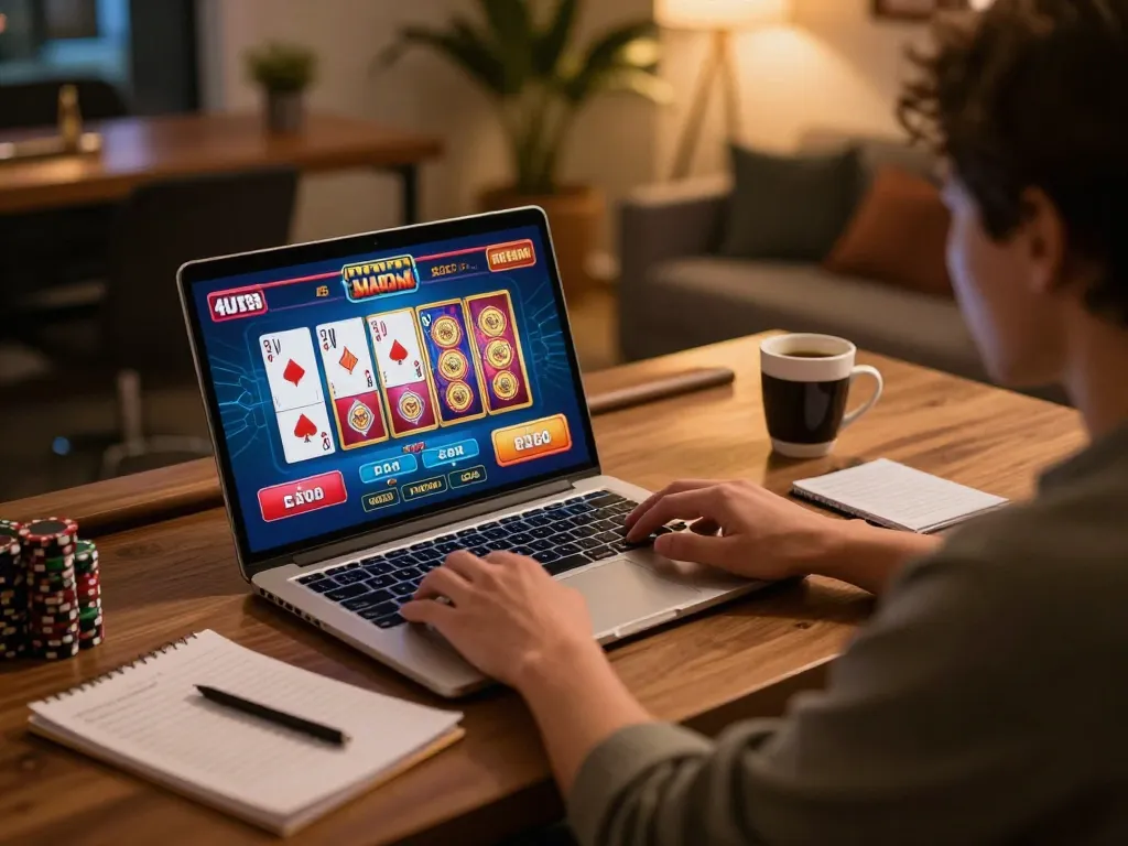 Engaged player enjoying online casino games with Nhà cái 555WIN interface on laptop, strategic atmosphere