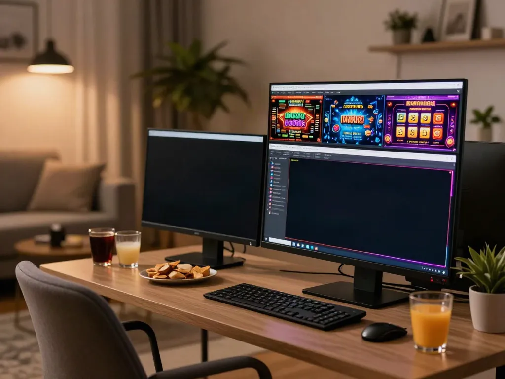 Virtual gambling experience with casinos not on GamStop displayed on screen in cozy setting.