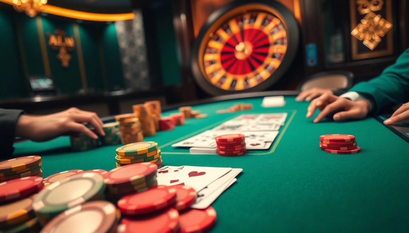 A thrilling poker game at alo 789 casino showcasing vibrant chips and strategic cards for eager gamblers.