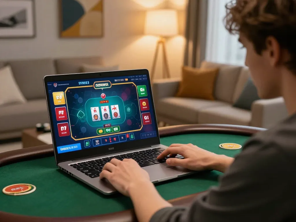 Person engaged in online gaming at 789wincom.town with poker interface visible on laptop