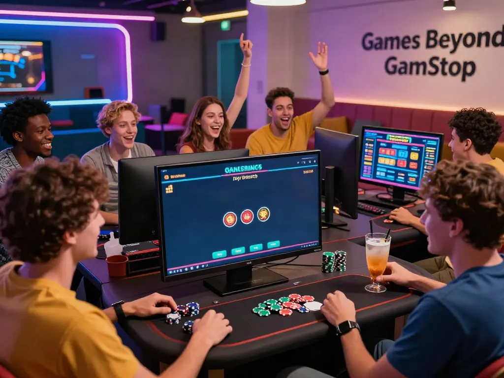 Friends enjoying games at casinos not on GamStop in a lively lounge with colorful decor.