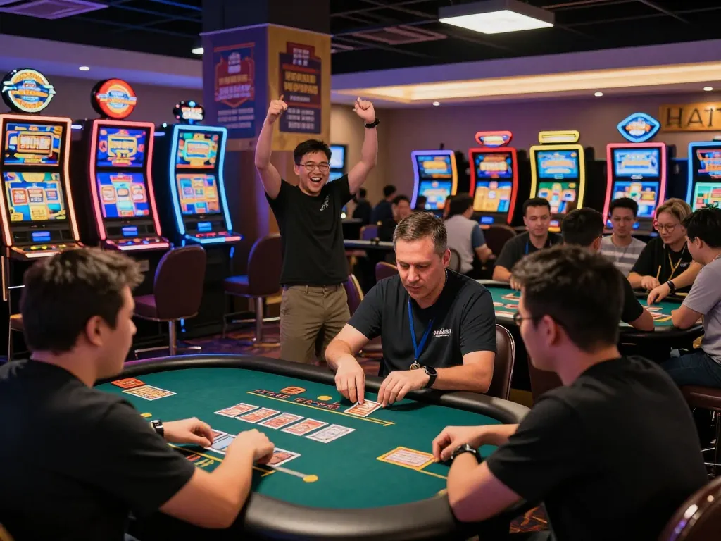 Exciting gaming atmosphere at Sunwin with players engaging in various games amid colorful decor and lively ambiance.