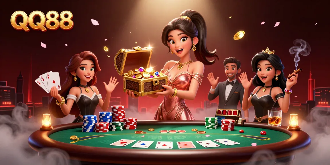 Experience QQ88 with a joyful Asian woman presenting treasures atop a poker table, surrounded by vibrant gaming elements.