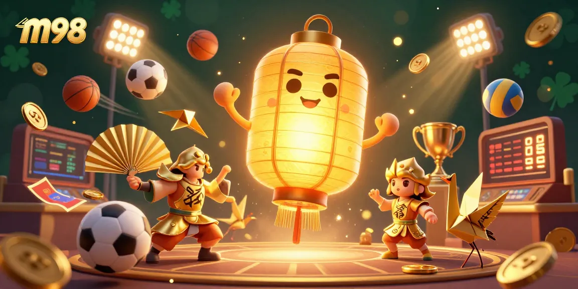 Experience the thrill of m98 with a vibrant casino scene featuring sports elements and golden symbols.