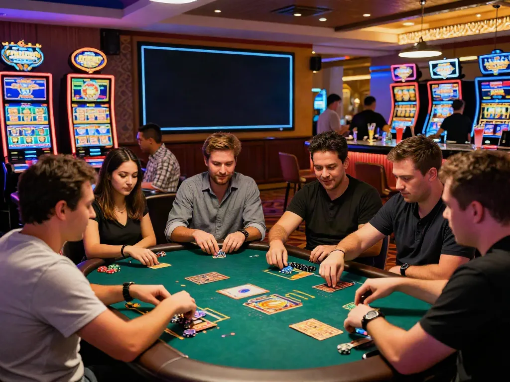 Players enjoying games at vibrant casinos not on GamStop with neon lights.