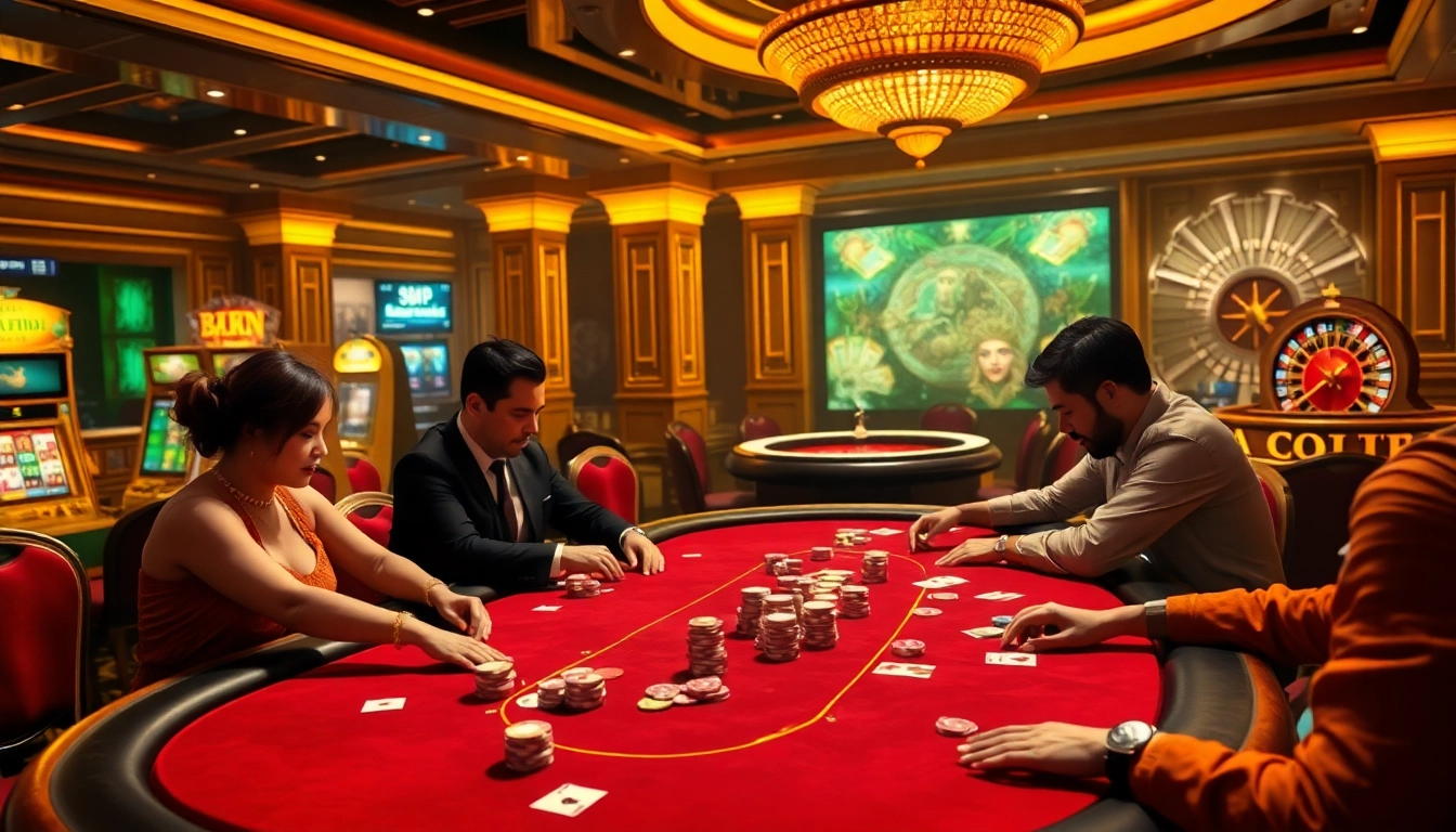 Intense gameplay at 68VIP's luxurious poker table, showcasing colorful chips and cards in a sophisticated casino setting.