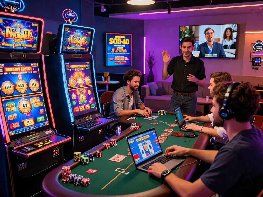 Exciting online gaming scene at casinos not on gamstop with diverse players and vibrant slots.