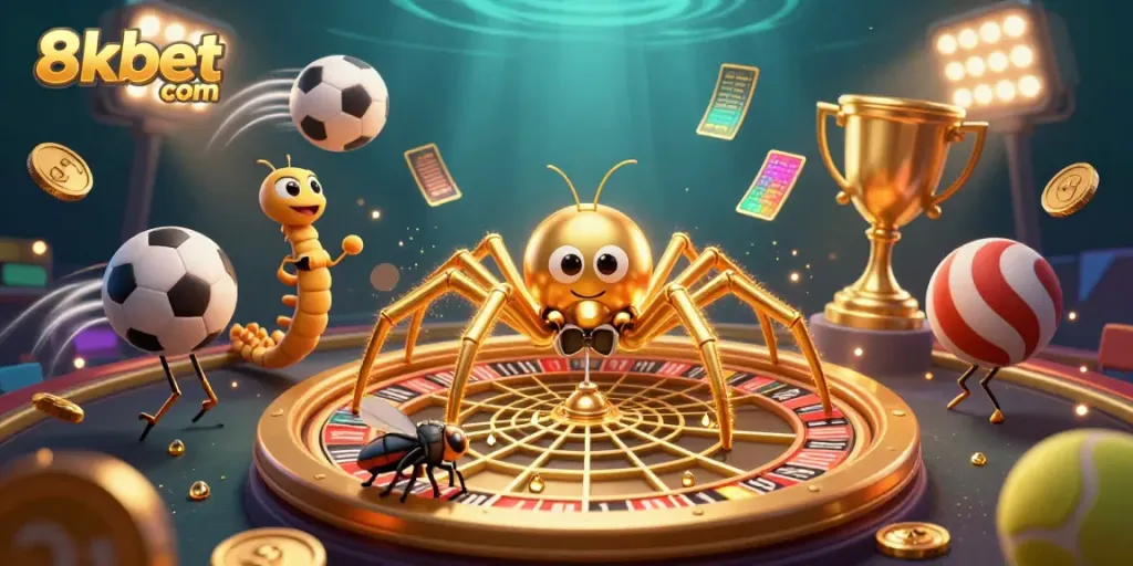 Experience the excitement at 8xbet com with a golden spider spinning a roulette wheel in a vibrant casino scene.