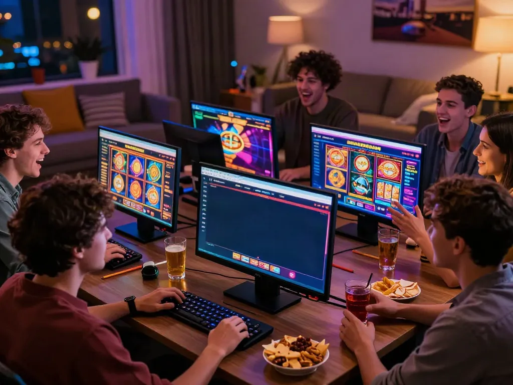 Friends enjoying gaming on casinos not on GamStop in a cozy home setting.
