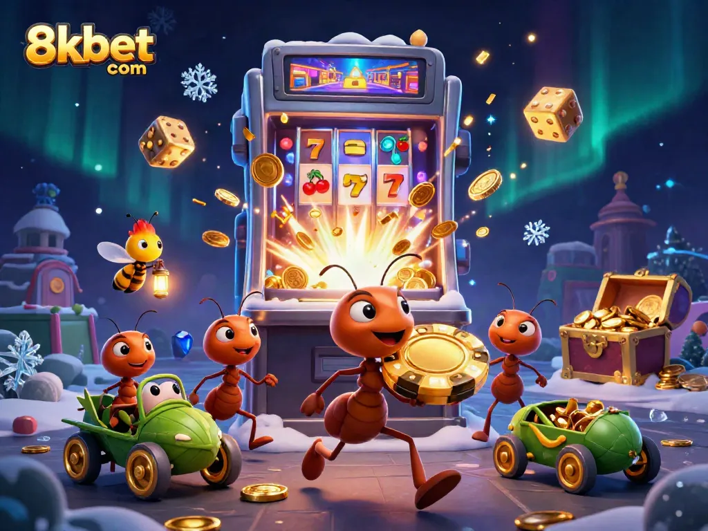 Experience the lively world of 8xbet com where a team of ants joyfully carries a giant poker chip amidst exploding casino icons.