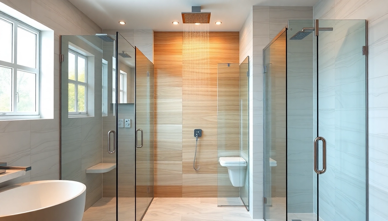 Experience elegant showers in a modern bathroom with glass enclosures and luxury finishes.