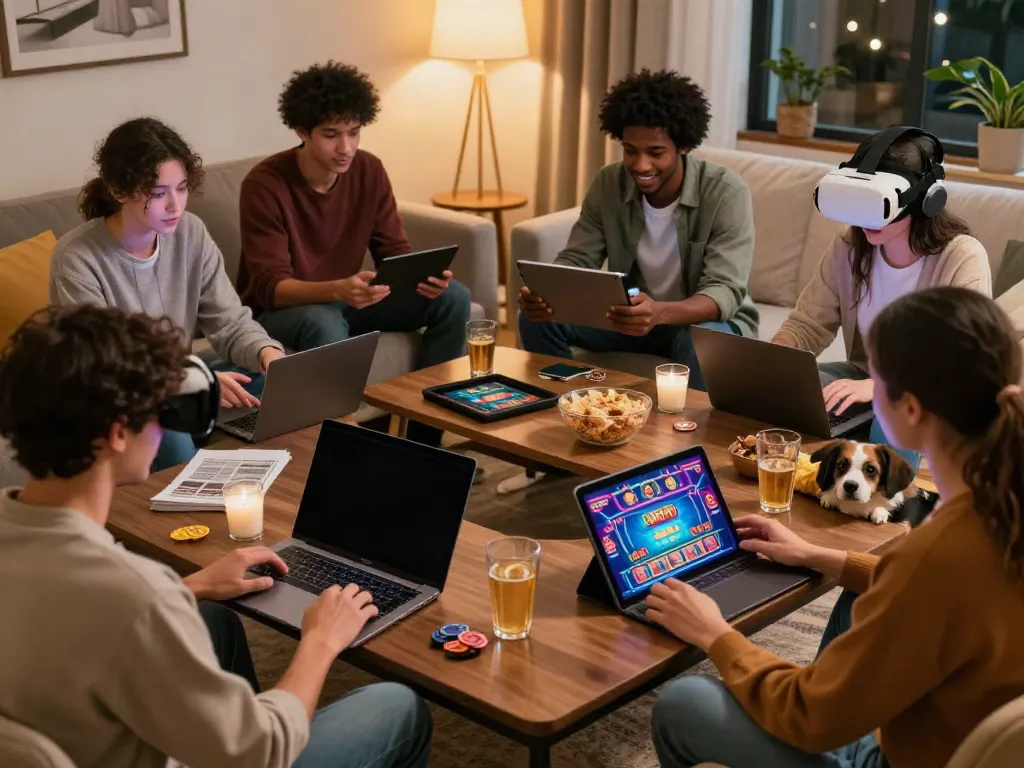 Players enjoying different online games at home, showcasing casinos not on GamStop