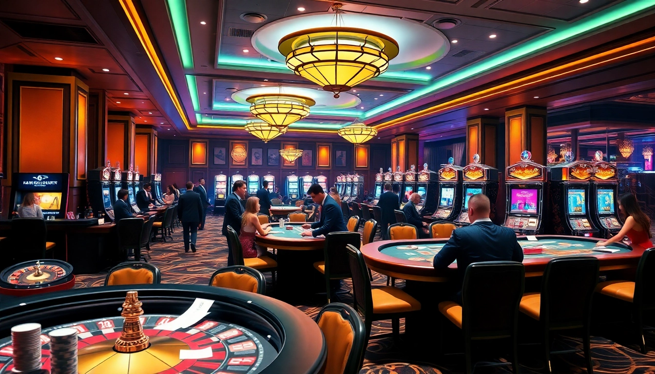 Engaging scene at lc88 club with vibrant casino tables, excited players, and colorful slot machines.