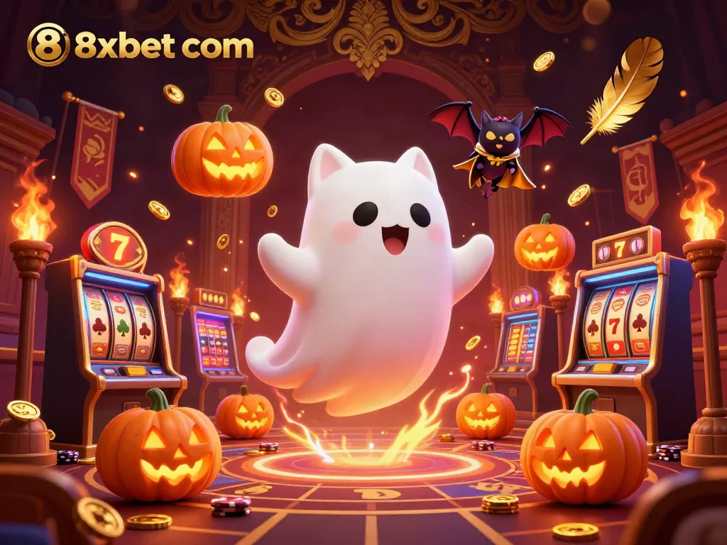 Experience thrilling gameplay with 8xbet com in a vibrant casino environment featuring a ghost cat and vampire bat.