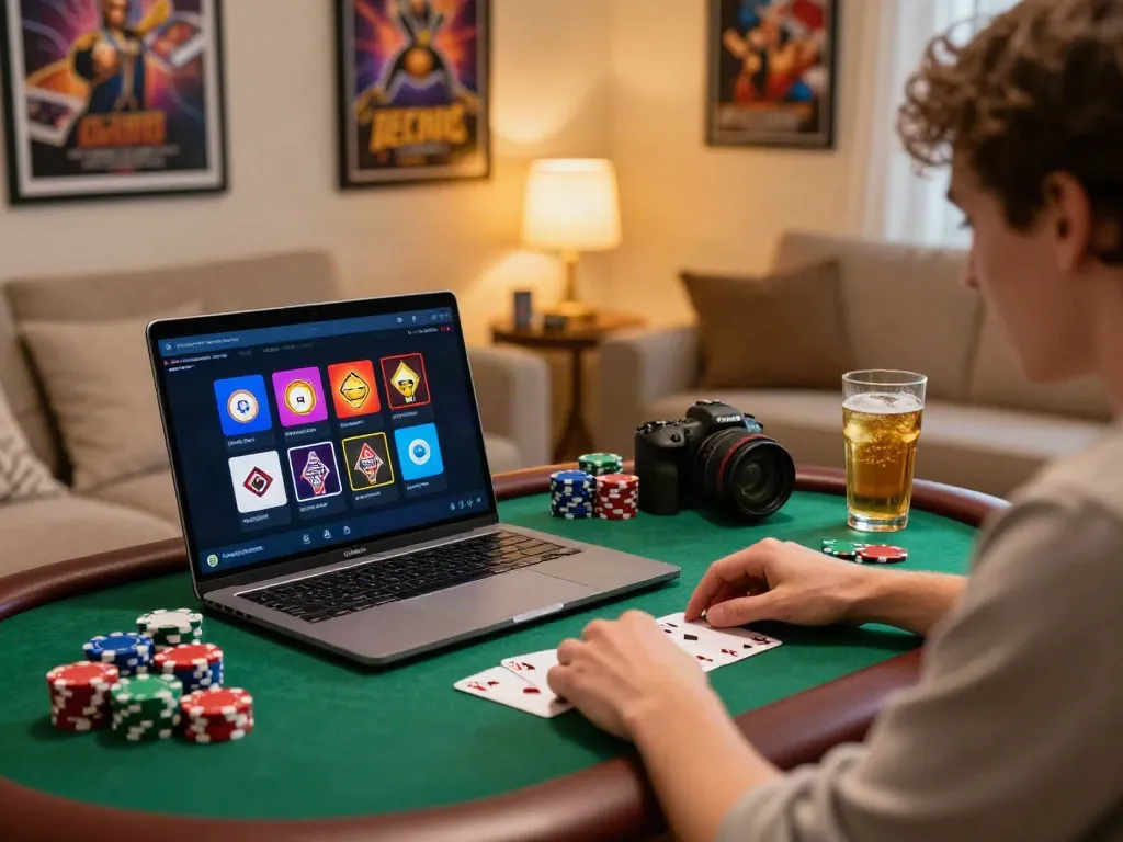 Casual home gaming setup with online casinos not on gamstop, featuring poker chips, a laptop, and drinks.