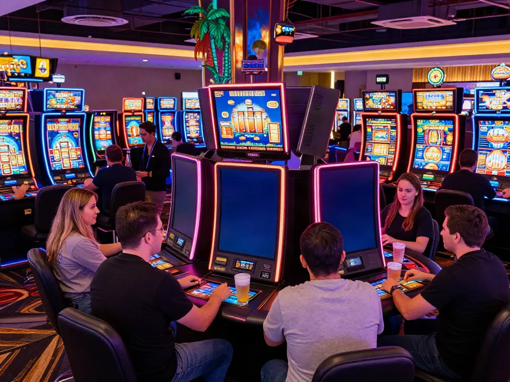 Exciting scene inside a vibrant casino not on gamstop with players at slot machines.