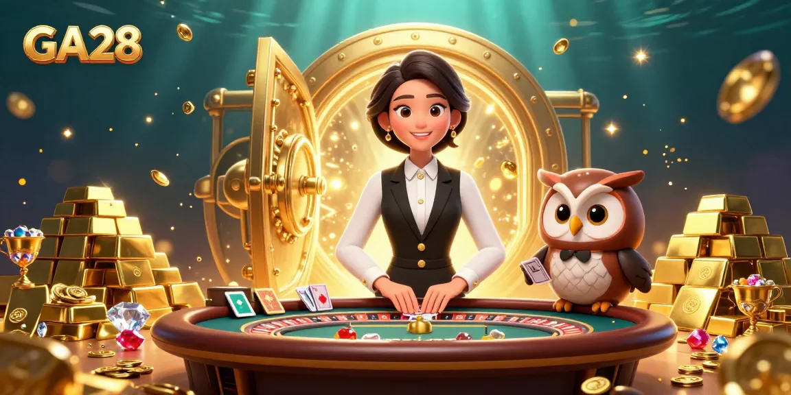 Engage in GA28 gambling excitement with an elegant dealer and vibrant casino scene.
