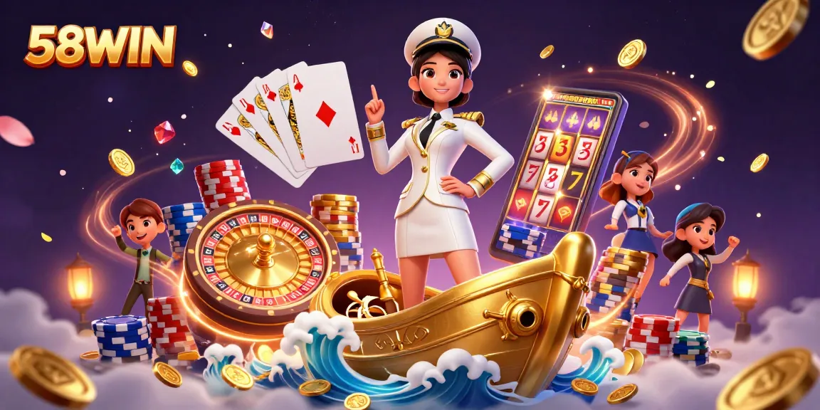 Experience the thrill of 58WIN with stunning casino visuals featuring a royal flush and slot machine.