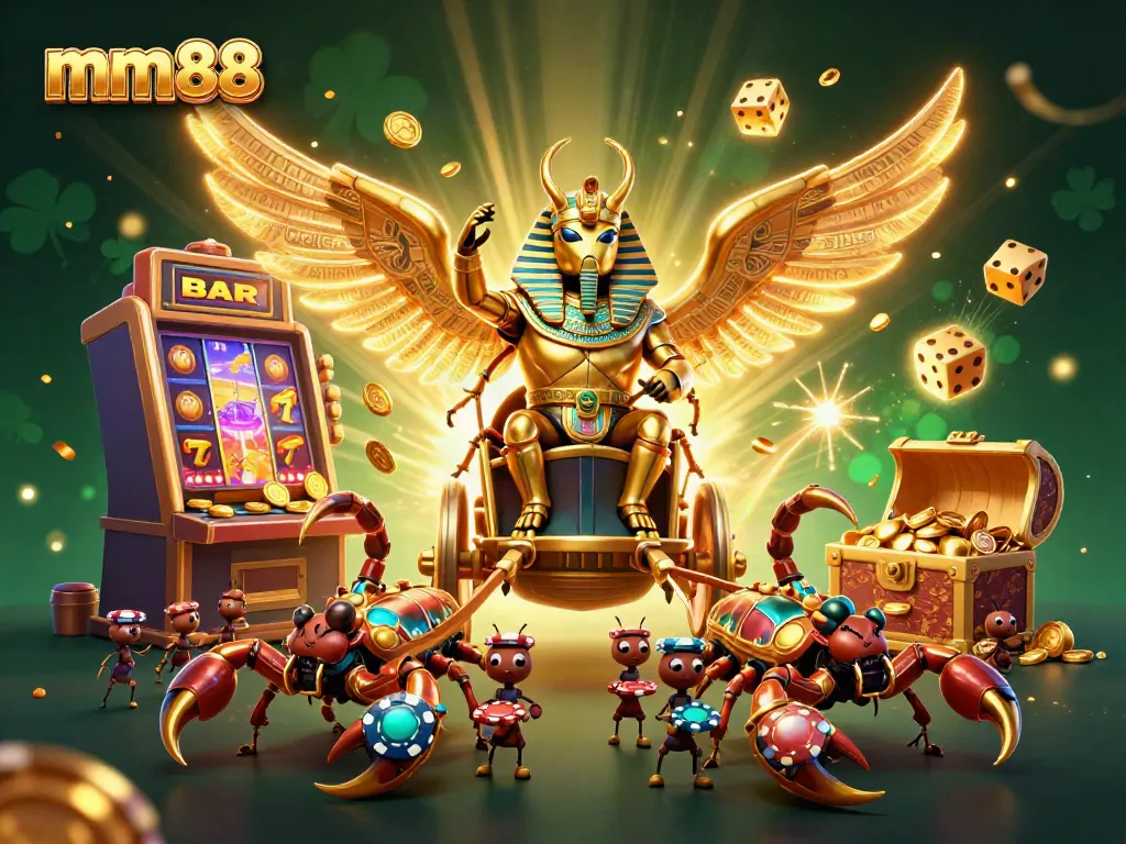 Experience the excitement of mm88 with a glorious 3D online casino scene filled with games and treasures.