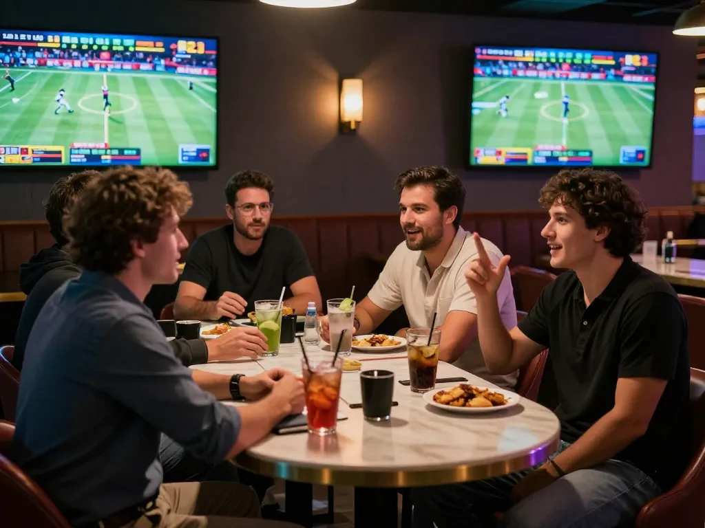 Players engaged in an exciting sports betting experience at tr88, surrounded by vibrant screens showing live games.