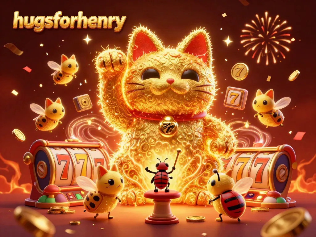 Engage with the game on hugsforhenry, where a vibrant lucky cat symbolizes prosperity in a dynamic casino scene.