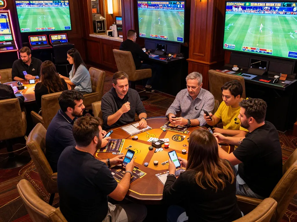 BJ88 sports betting at a casino with enthusiastic bettors using smartphones amidst live sports screens.