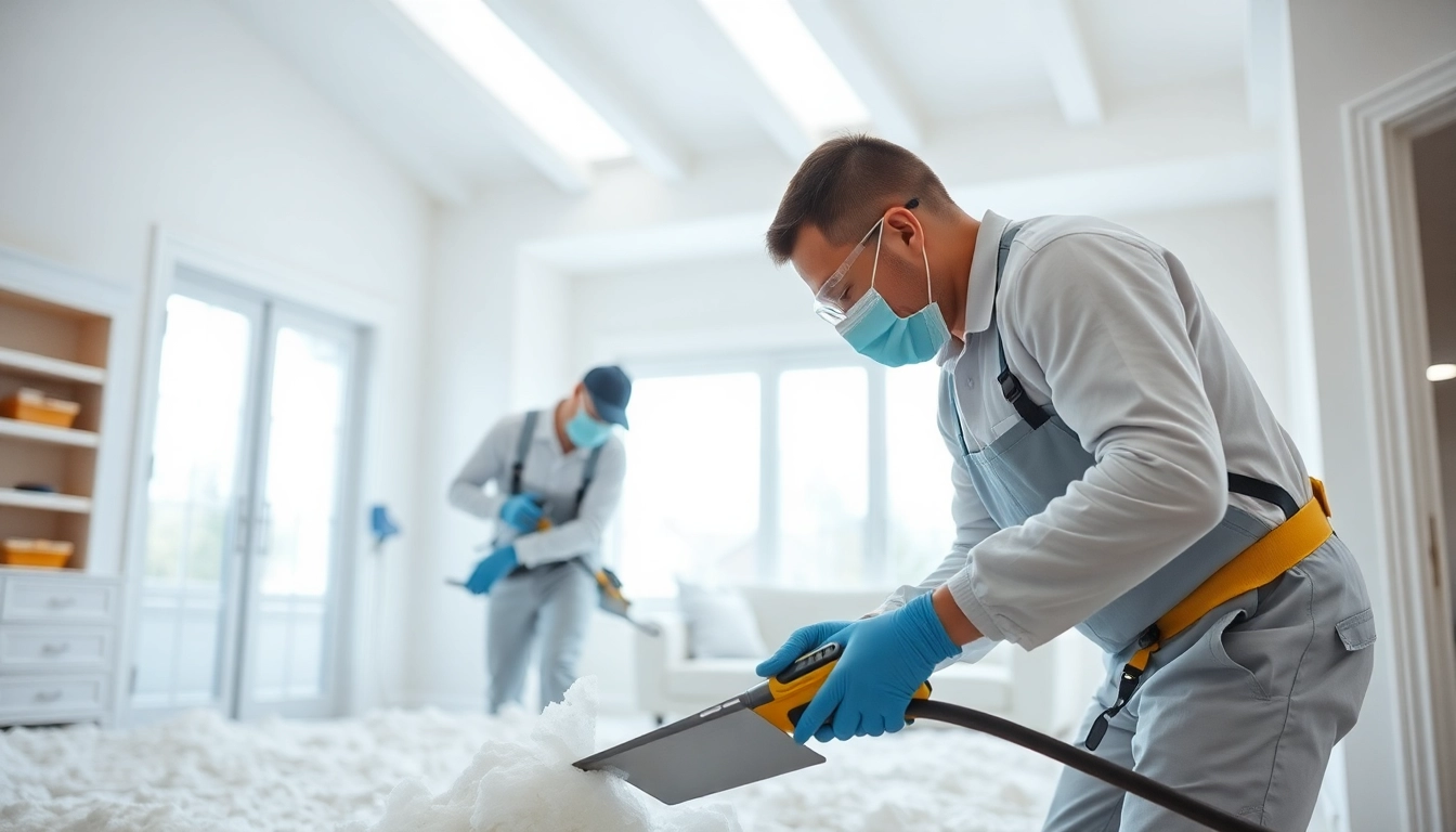 Spray foam removal specialists efficiently working in a bright residential space.