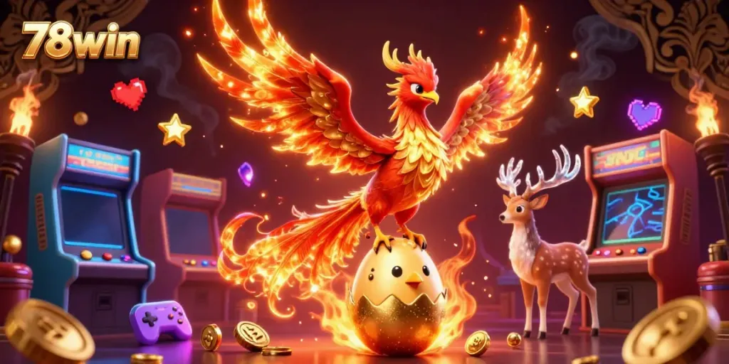 Engage in thrilling gameplay at 78win with a fiery phoenix and animated game elements.